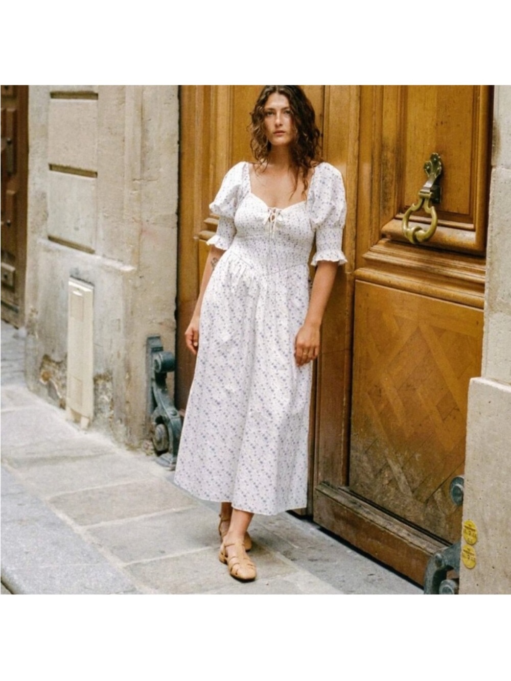 Christy Dawn White Madison Midi Dress with Small Blue Floral Print